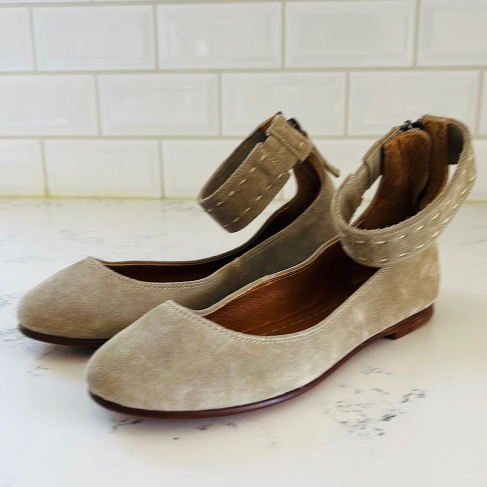 Frye Ash Suede Carson Ankle Strap Ballets Flats - Picture 4 of 14